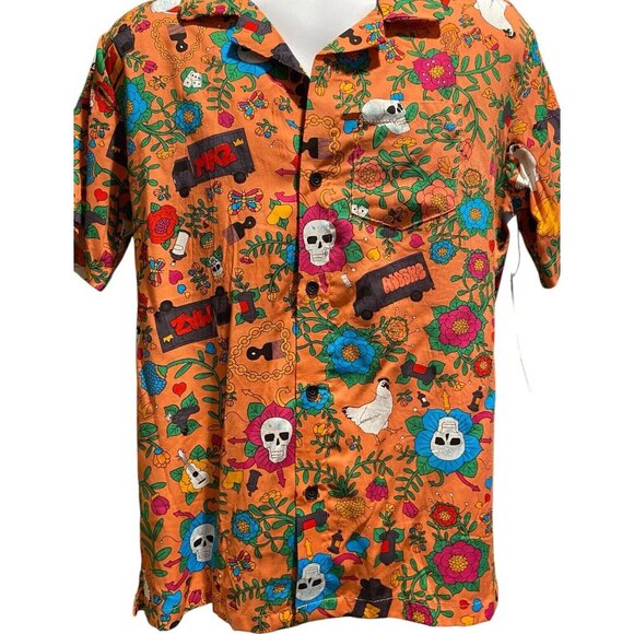 Roberto Lugo All Gender Floral Skulls Trucks Printed Rayon Button Down Shirt M - Picture 2 of 8